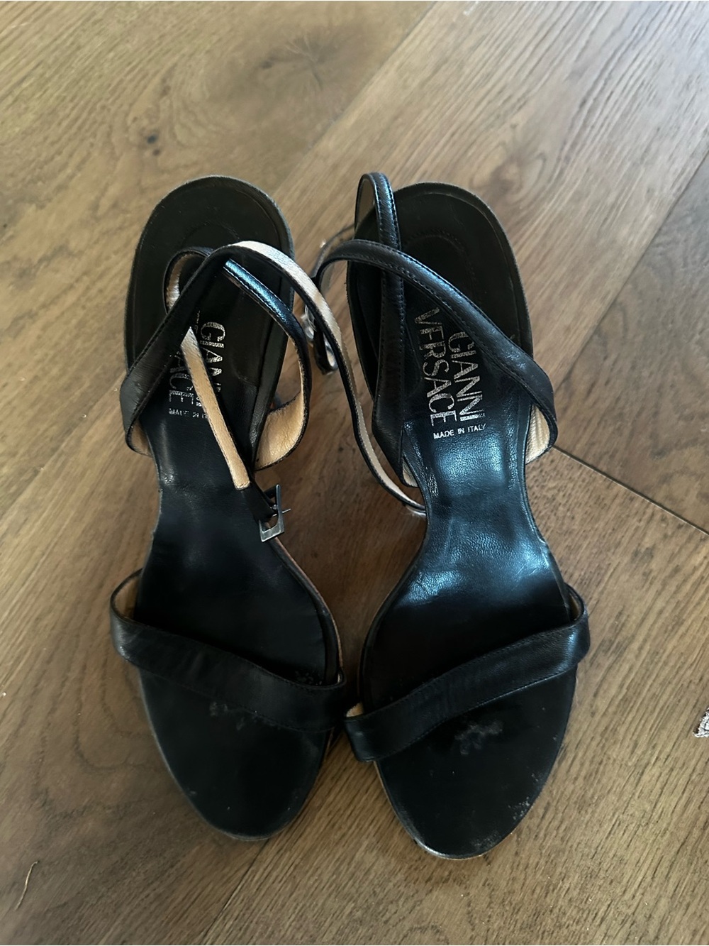 Versace Black Leather Strappy Heels with Ankle Wrap